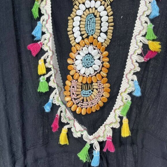 Bohemian Beaded Blouse Black V Neck Dolman Sleeve One Size Beach Tunic LOF NEW - Picture 3 of 9
